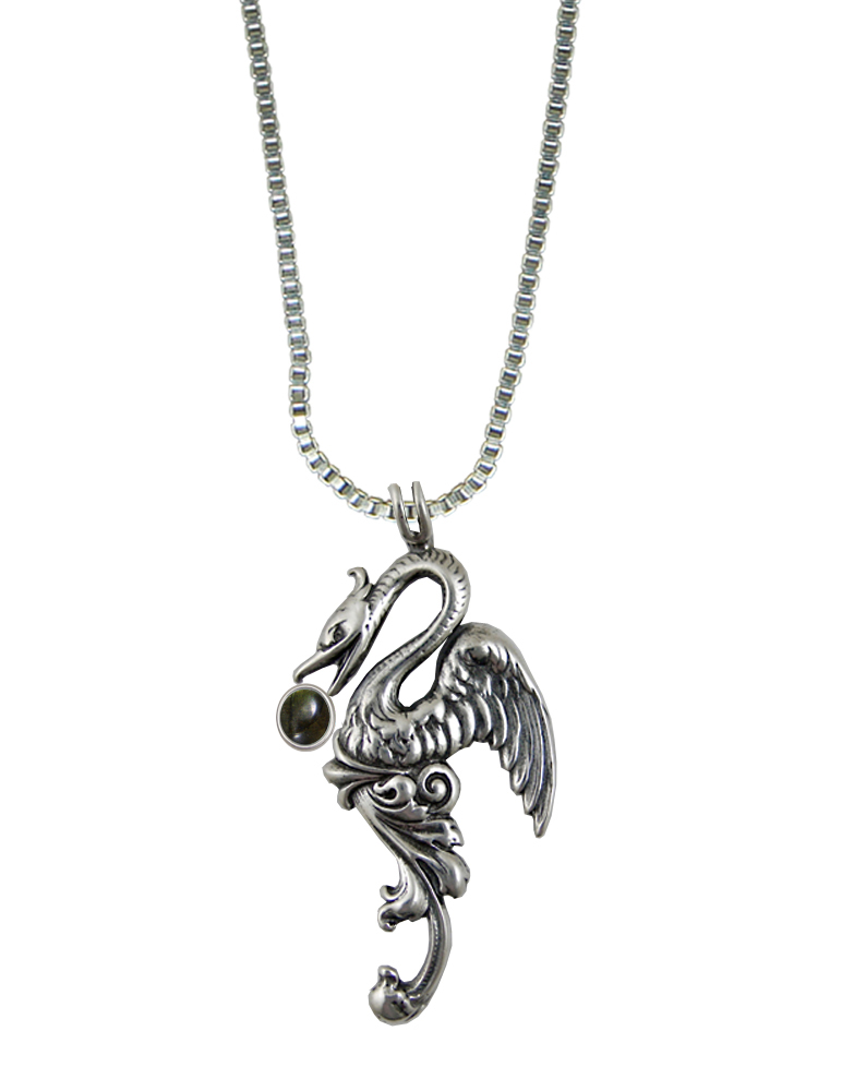 Sterling Silver Medieval Phoenix Sun Bird Pendant With Spectrolite